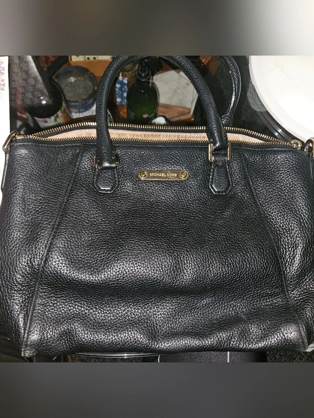 Michael Kors Black Leather Satchel with Gold Hardware